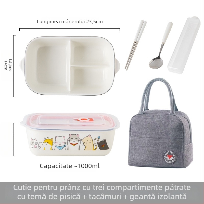 Cutie de prânz ceramică dreptunghiulară cu model desen animat, compatibilă cu microunde, capacitate 800–1000 ml