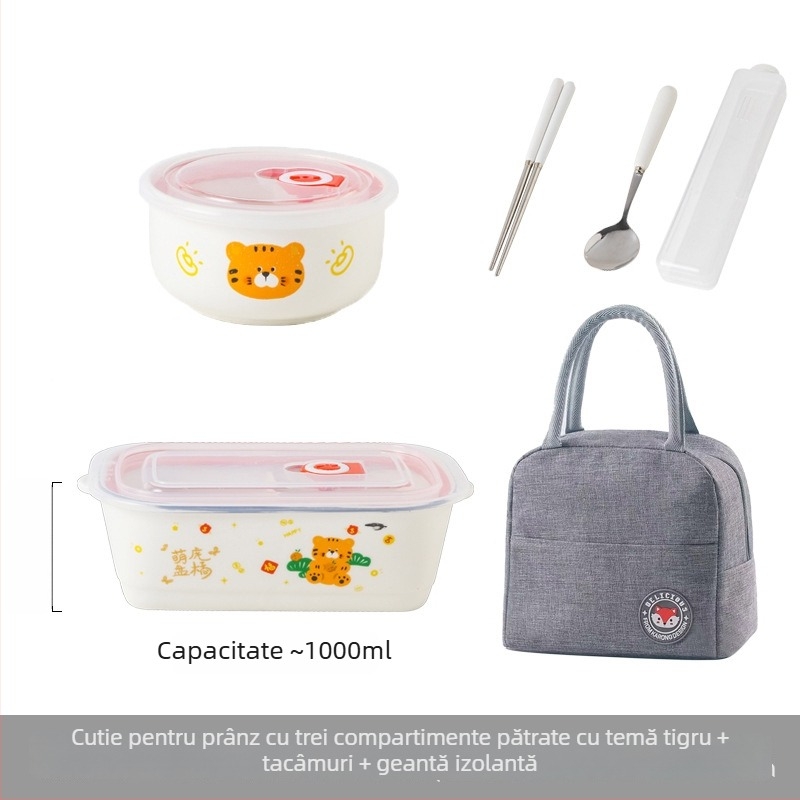 Cutie de prânz ceramică dreptunghiulară cu model desen animat, compatibilă cu microunde, capacitate 800–1000 ml