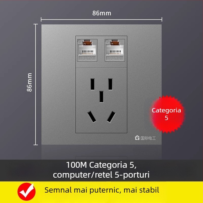Panou priză rețea cu cinci porturi, montaj pe perete, 10A, seria 128, Nou Standard Național