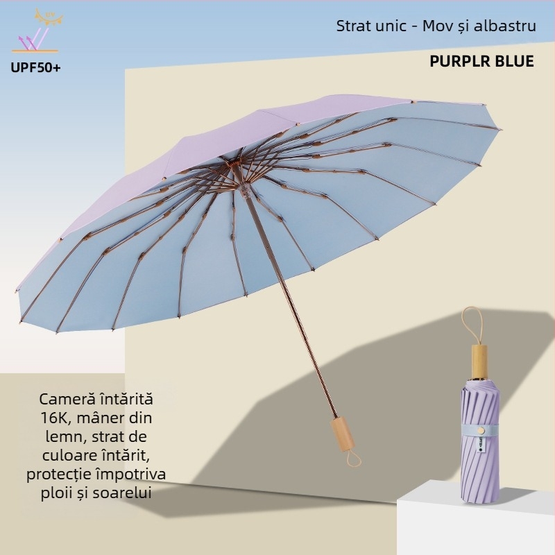 Umbrelă de soare cu trei secțiuni și dublă țesătură, material 210T, 8 arce, tijă din aluminiu, deschidere/închidere manuală, UPF50+