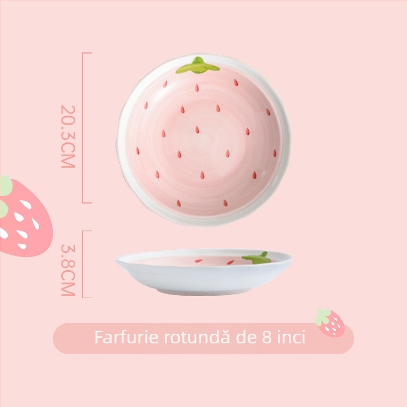 Set de boluri și farfurii din porțelan cu model căpșună, formă rotundă, compatibil cu microunde, finisaj sub glazură