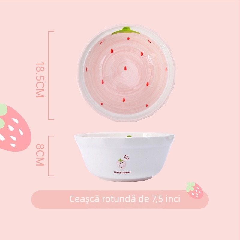 Set de boluri și farfurii din porțelan cu model căpșună, formă rotundă, compatibil cu microunde, finisaj sub glazură