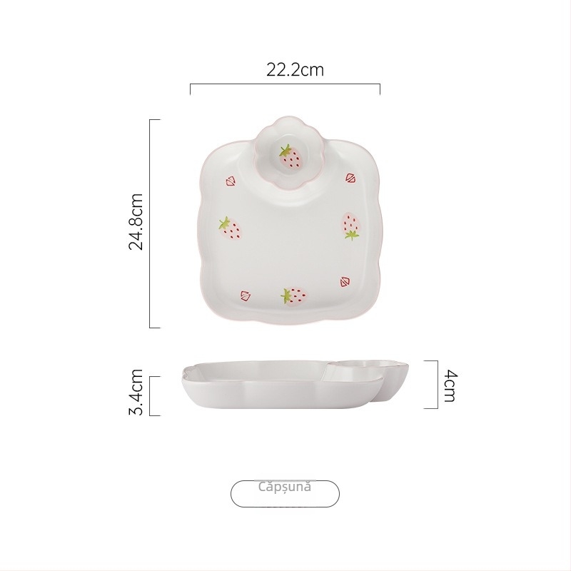 Set de boluri și farfurii din porțelan cu model căpșună, formă rotundă, compatibil cu microunde, finisaj sub glazură