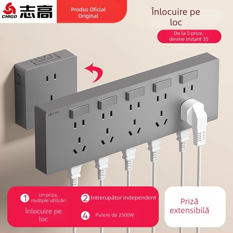 Panou de prize ultra-subțire montat pe suprafață, comutator, priză de extensie cu cinci găuri, corp din bronz fosfor, 10A, 220V, fixat pe perete