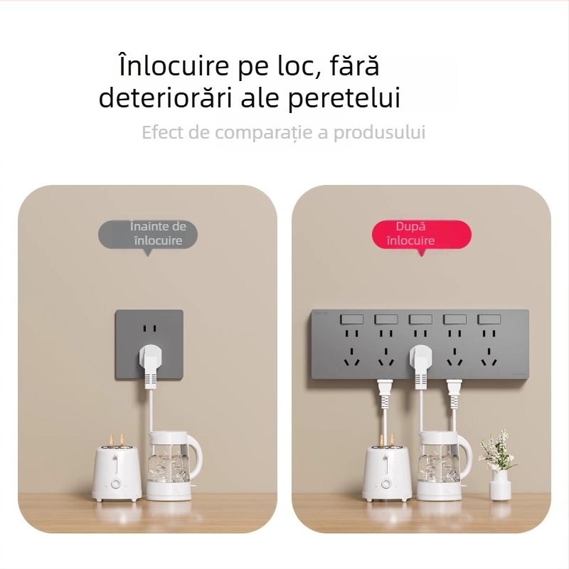 Panou de prize ultra-subțire montat pe suprafață, comutator, priză de extensie cu cinci găuri, corp din bronz fosfor, 10A, 220V, fixat pe perete