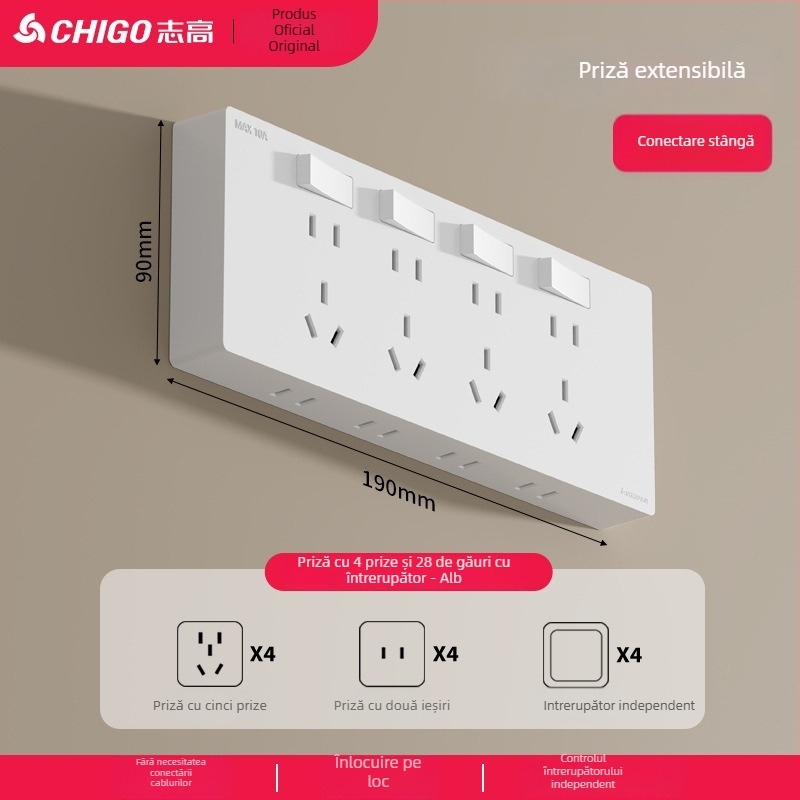 Panou de prize ultra-subțire montat pe suprafață, comutator, priză de extensie cu cinci găuri, corp din bronz fosfor, 10A, 220V, fixat pe perete