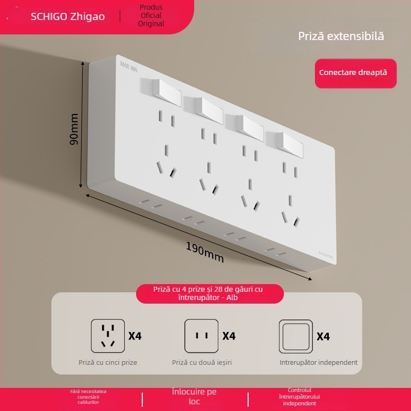 Panou de prize ultra-subțire montat pe suprafață, comutator, priză de extensie cu cinci găuri, corp din bronz fosfor, 10A, 220V, fixat pe perete