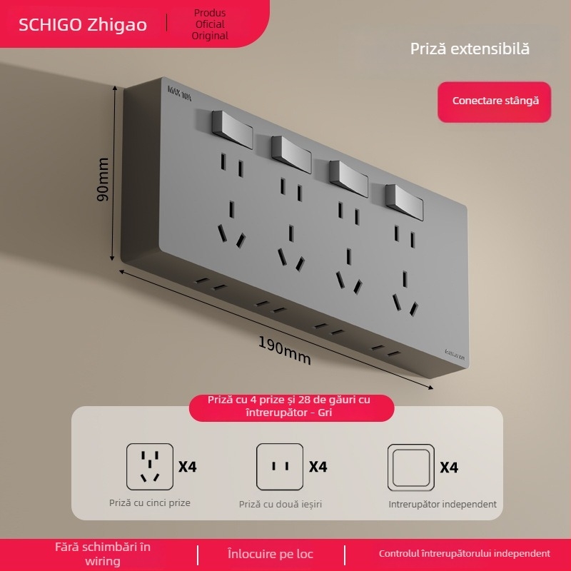 Panou de prize ultra-subțire montat pe suprafață, comutator, priză de extensie cu cinci găuri, corp din bronz fosfor, 10A, 220V, fixat pe perete
