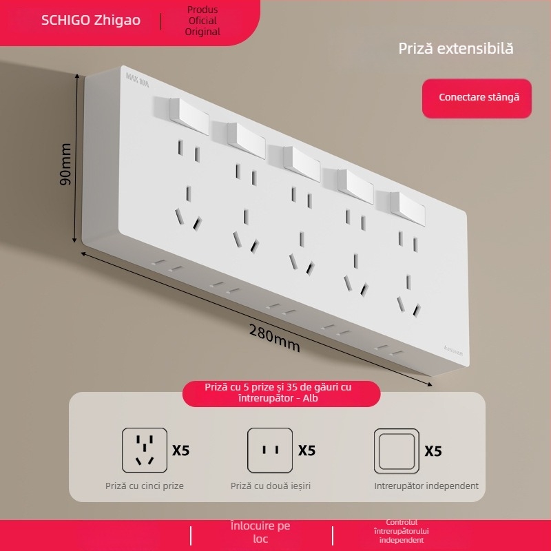 Panou de prize ultra-subțire montat pe suprafață, comutator, priză de extensie cu cinci găuri, corp din bronz fosfor, 10A, 220V, fixat pe perete