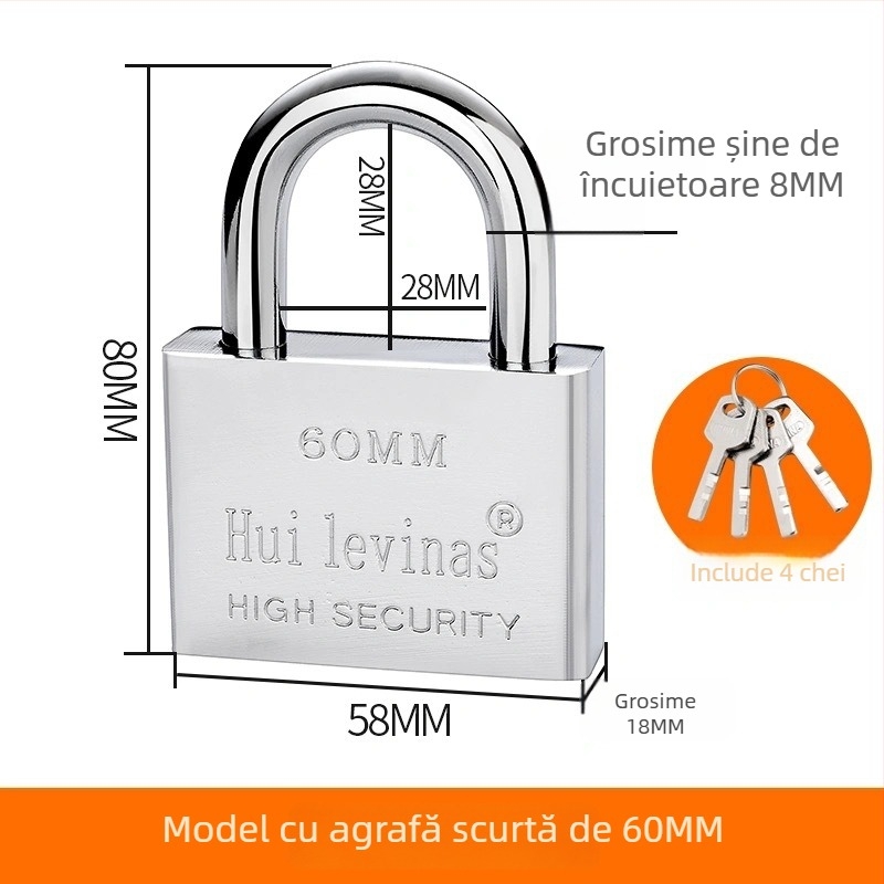 Lacăt din oțel aliat pentru uși și porți – deschidere directă, model: steel padlock, marcă Three Cats, stil modern simplu