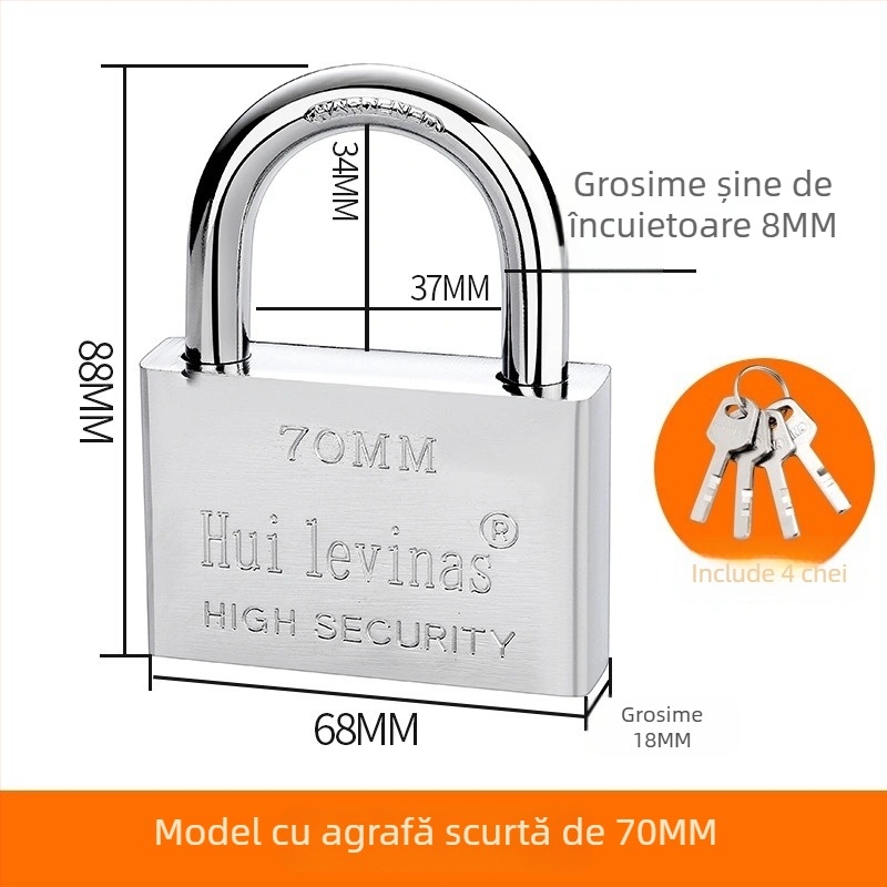 Lacăt din oțel aliat pentru uși și porți – deschidere directă, model: steel padlock, marcă Three Cats, stil modern simplu