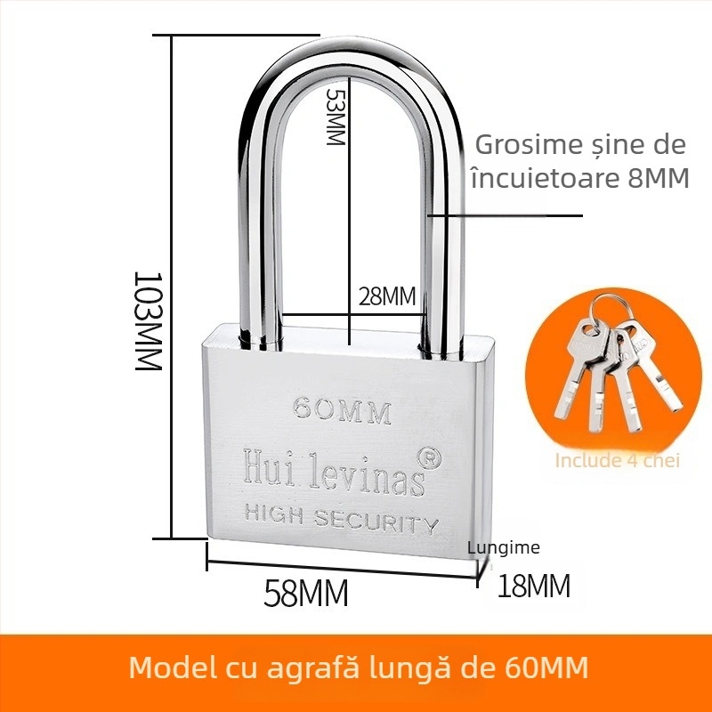 Lacăt din oțel aliat pentru uși și porți – deschidere directă, model: steel padlock, marcă Three Cats, stil modern simplu
