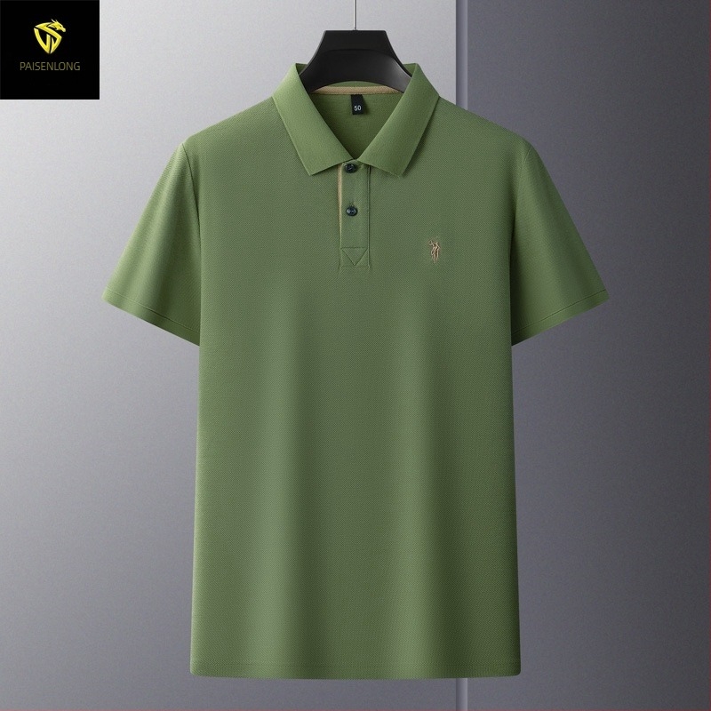 Tricou polo pentru bărbați, din bumbac mercerizat cu granule hexagonale, mâneci scurte, croială lejeră, broderie