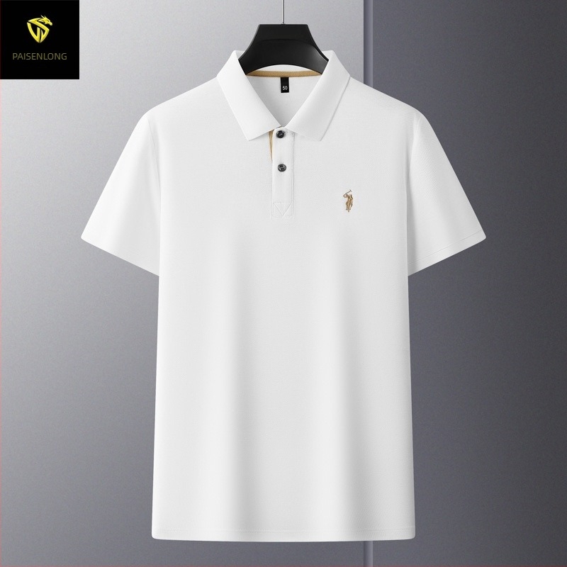 Tricou polo pentru bărbați, din bumbac mercerizat cu granule hexagonale, mâneci scurte, croială lejeră, broderie