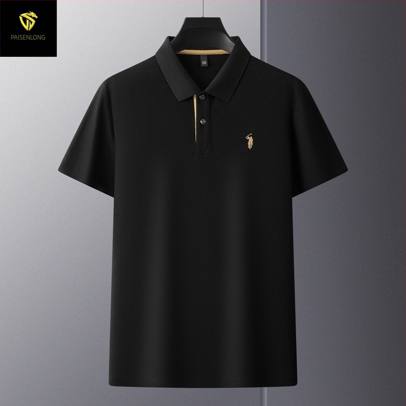 Tricou polo pentru bărbați, din bumbac mercerizat cu granule hexagonale, mâneci scurte, croială lejeră, broderie