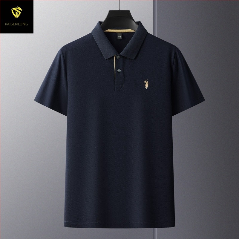 Tricou polo pentru bărbați, din bumbac mercerizat cu granule hexagonale, mâneci scurte, croială lejeră, broderie