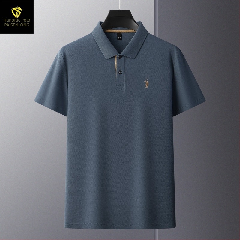 Tricou polo pentru bărbați, din bumbac mercerizat cu granule hexagonale, mâneci scurte, croială lejeră, broderie