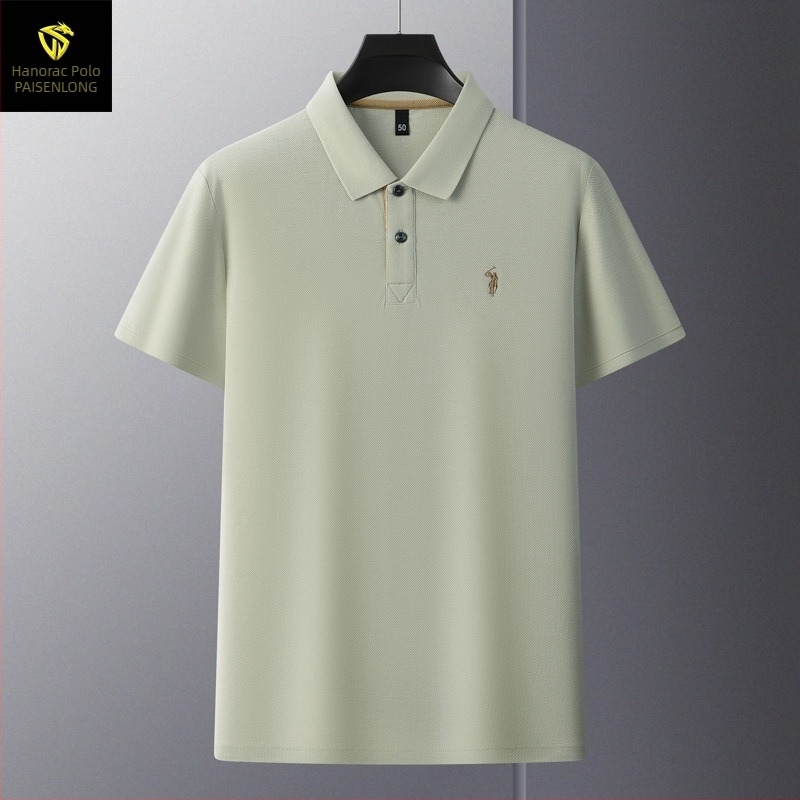 Tricou polo pentru bărbați, din bumbac mercerizat cu granule hexagonale, mâneci scurte, croială lejeră, broderie