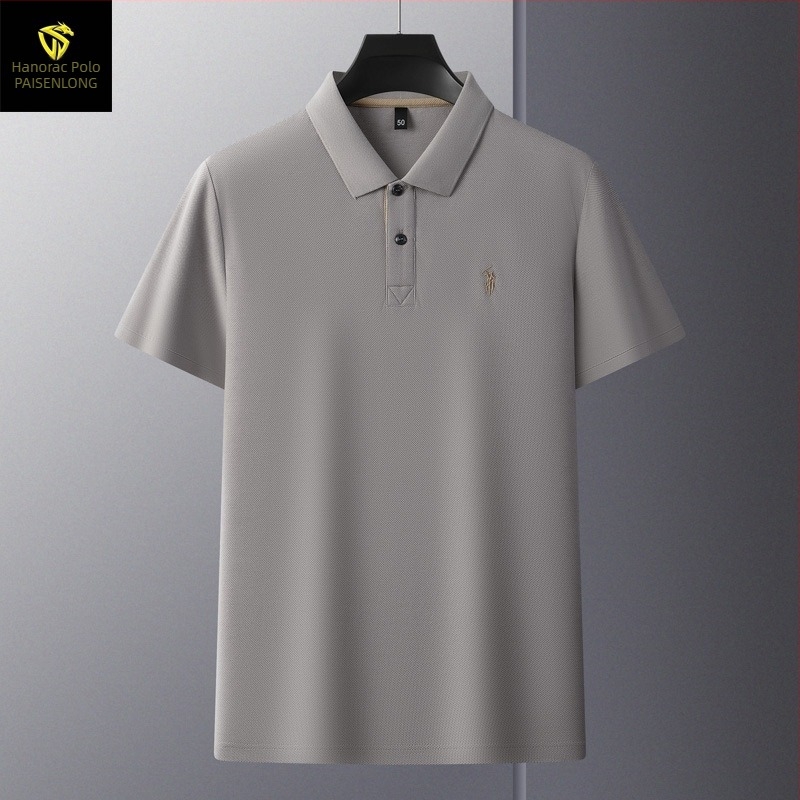 Tricou polo pentru bărbați, din bumbac mercerizat cu granule hexagonale, mâneci scurte, croială lejeră, broderie