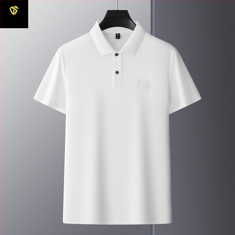 Tricou polo pentru bărbați, din bumbac mercerizat cu granule hexagonale, mâneci scurte, croială lejeră, broderie