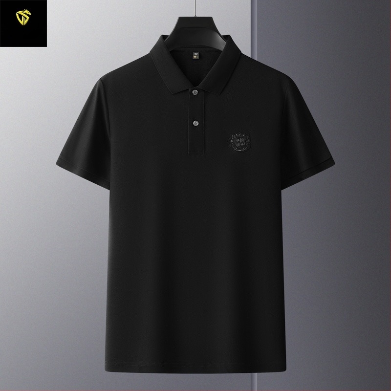 Tricou polo pentru bărbați, din bumbac mercerizat cu granule hexagonale, mâneci scurte, croială lejeră, broderie