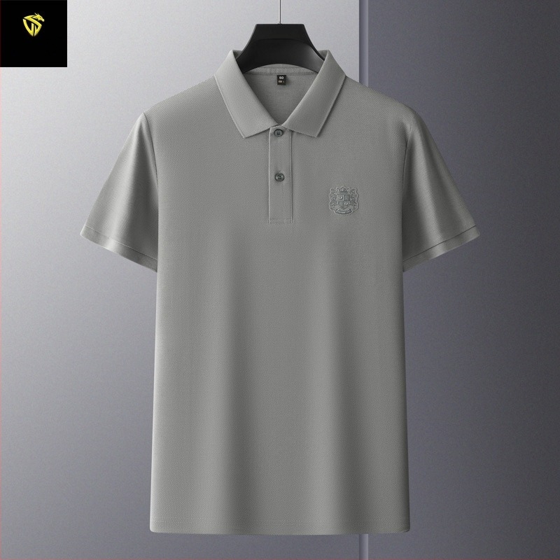 Tricou polo pentru bărbați, din bumbac mercerizat cu granule hexagonale, mâneci scurte, croială lejeră, broderie