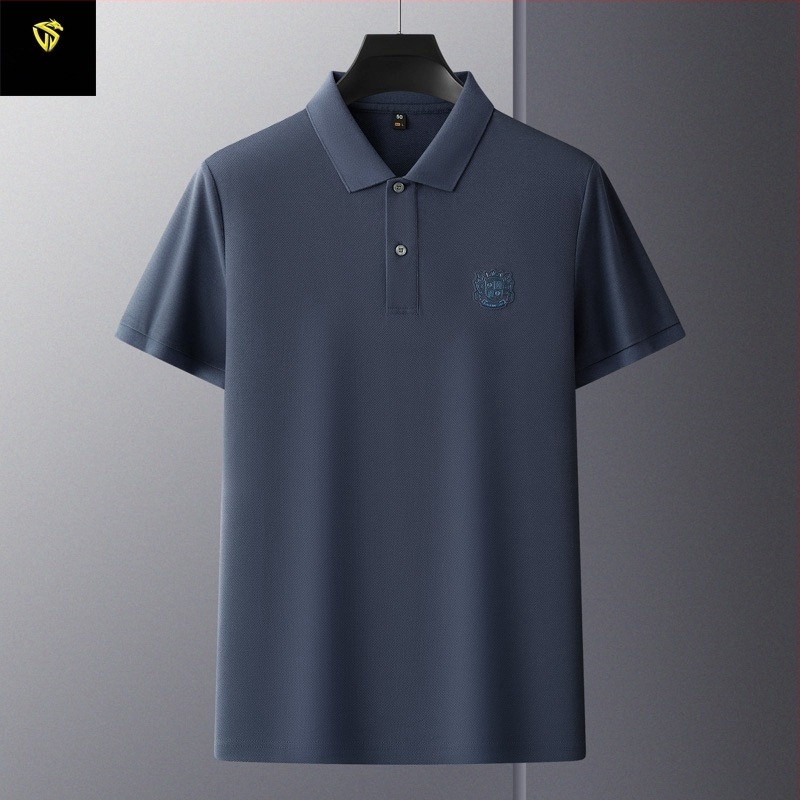 Tricou polo pentru bărbați, din bumbac mercerizat cu granule hexagonale, mâneci scurte, croială lejeră, broderie