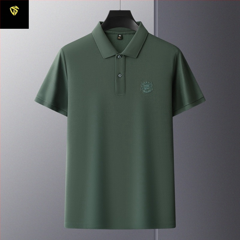 Tricou polo pentru bărbați, din bumbac mercerizat cu granule hexagonale, mâneci scurte, croială lejeră, broderie