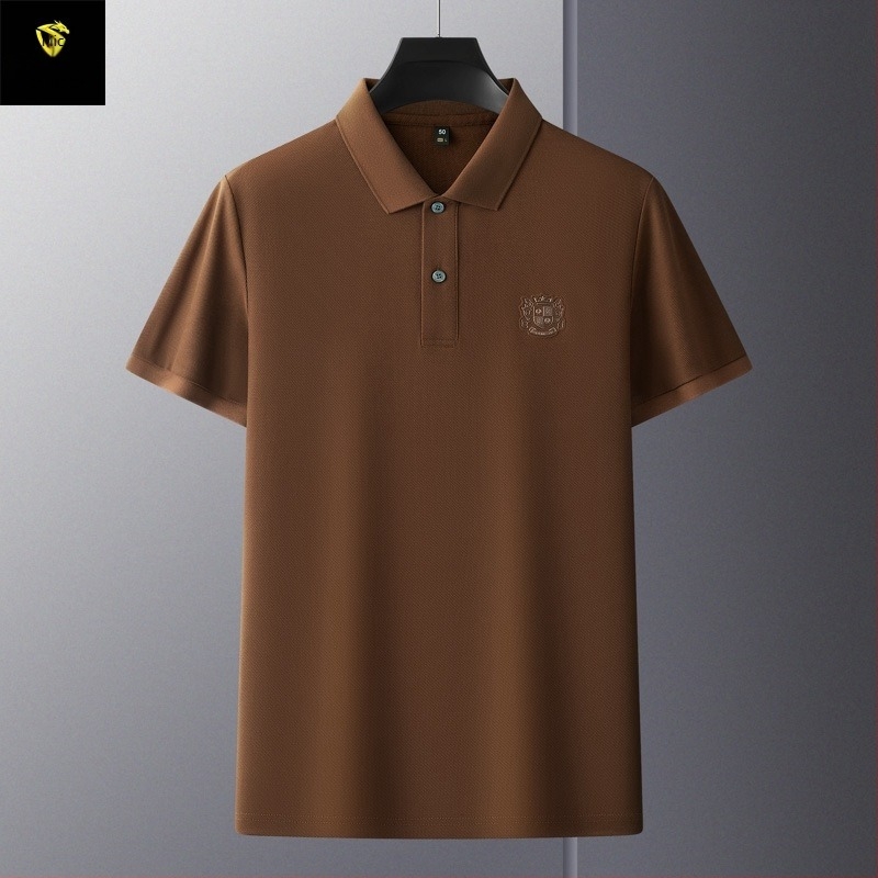 Tricou polo pentru bărbați, din bumbac mercerizat cu granule hexagonale, mâneci scurte, croială lejeră, broderie