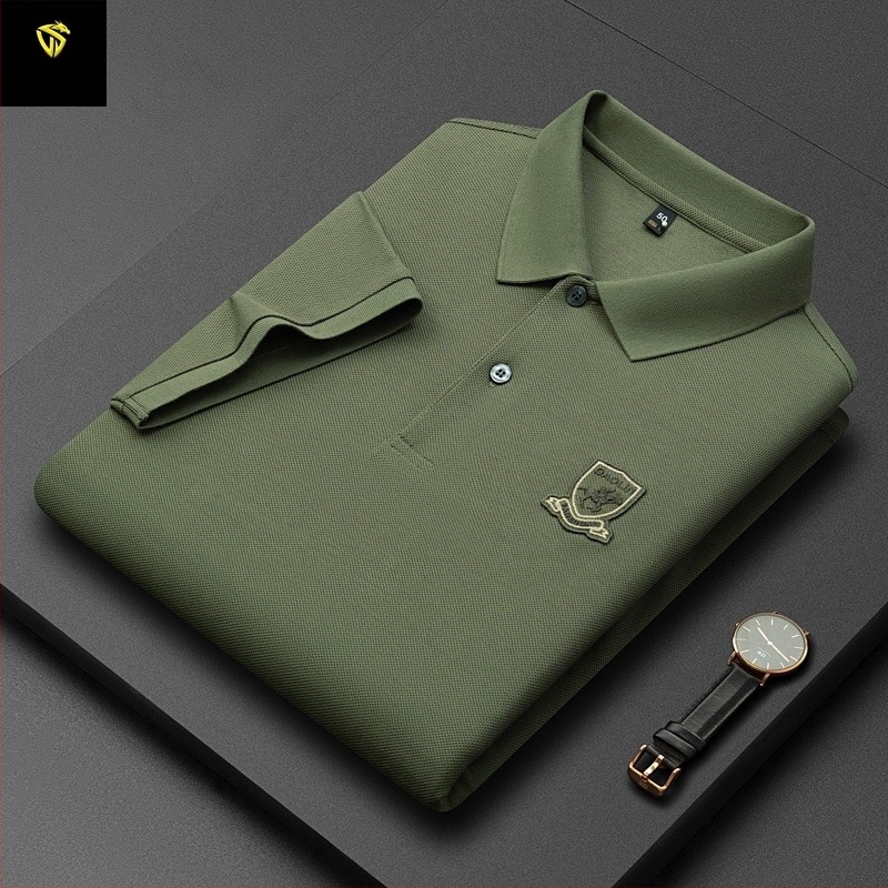 Tricou polo pentru bărbați, din bumbac mercerizat cu granule hexagonale, mâneci scurte, croială lejeră, broderie