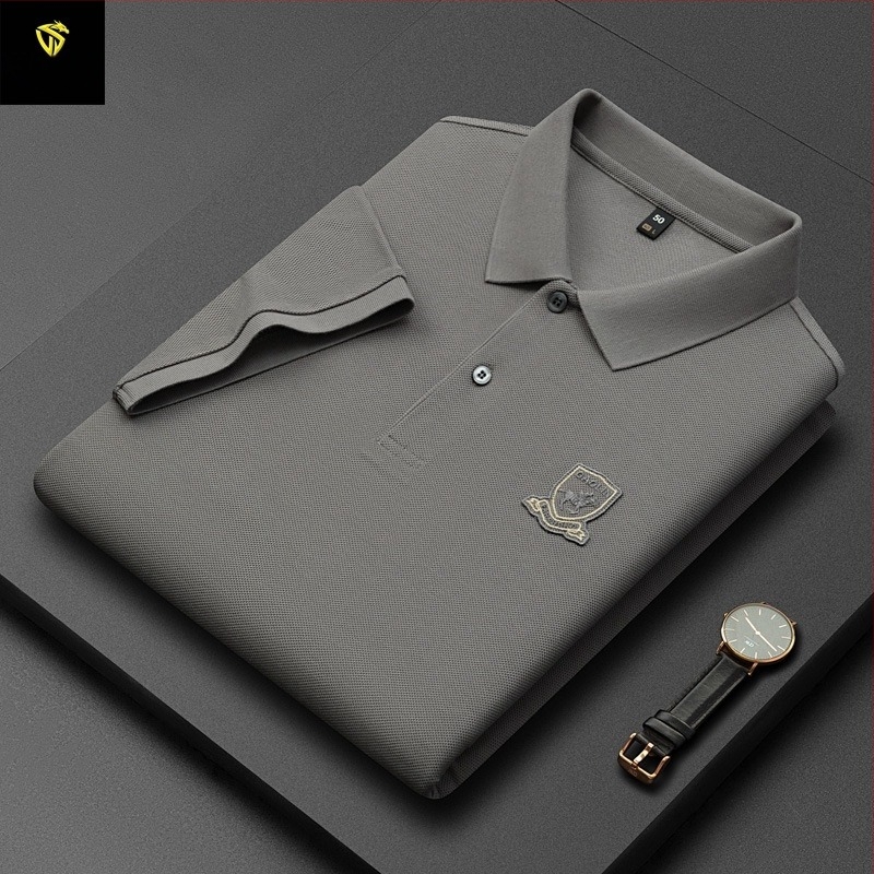 Tricou polo pentru bărbați, din bumbac mercerizat cu granule hexagonale, mâneci scurte, croială lejeră, broderie