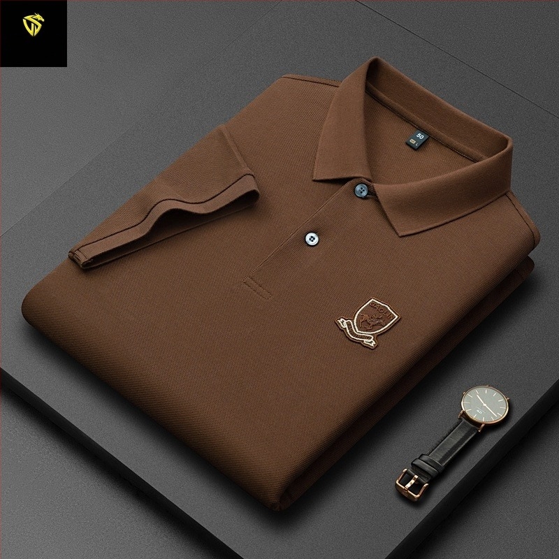 Tricou polo pentru bărbați, din bumbac mercerizat cu granule hexagonale, mâneci scurte, croială lejeră, broderie