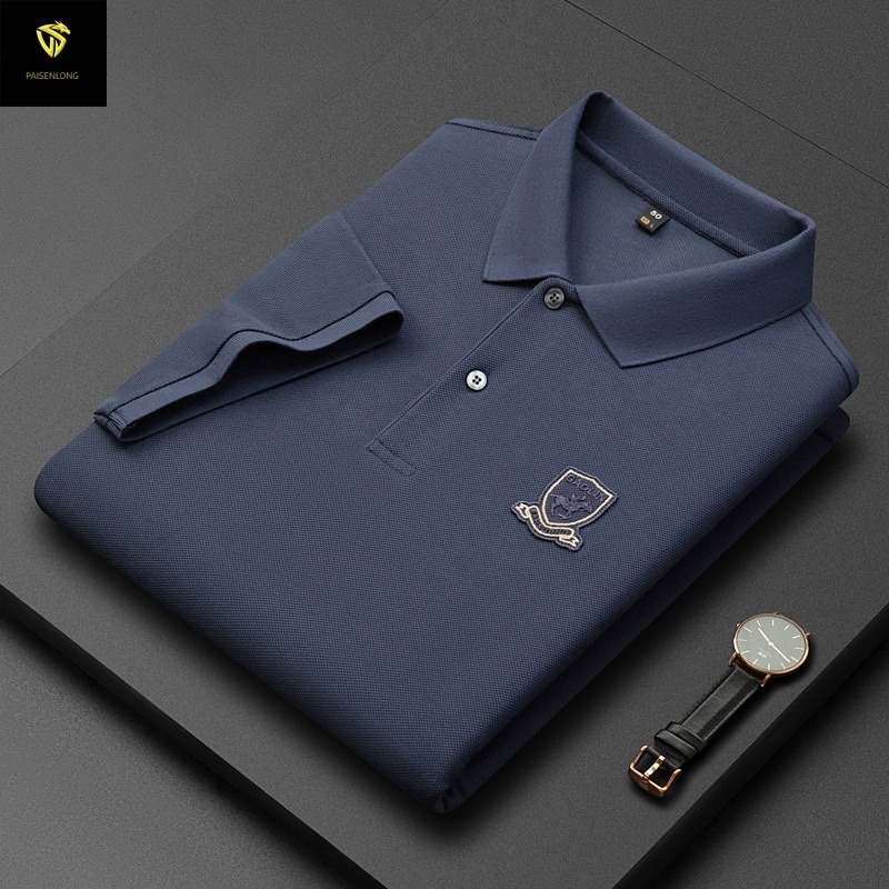 Tricou polo pentru bărbați, din bumbac mercerizat cu granule hexagonale, mâneci scurte, croială lejeră, broderie