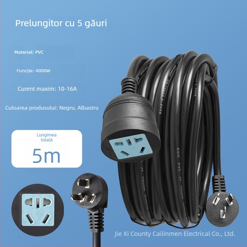 Prelungitor de înaltă putere cu trei prize și priză cu cinci găuri, cablu de conectare, 10A, 100–250V AC, 2500W, carcasă PVC