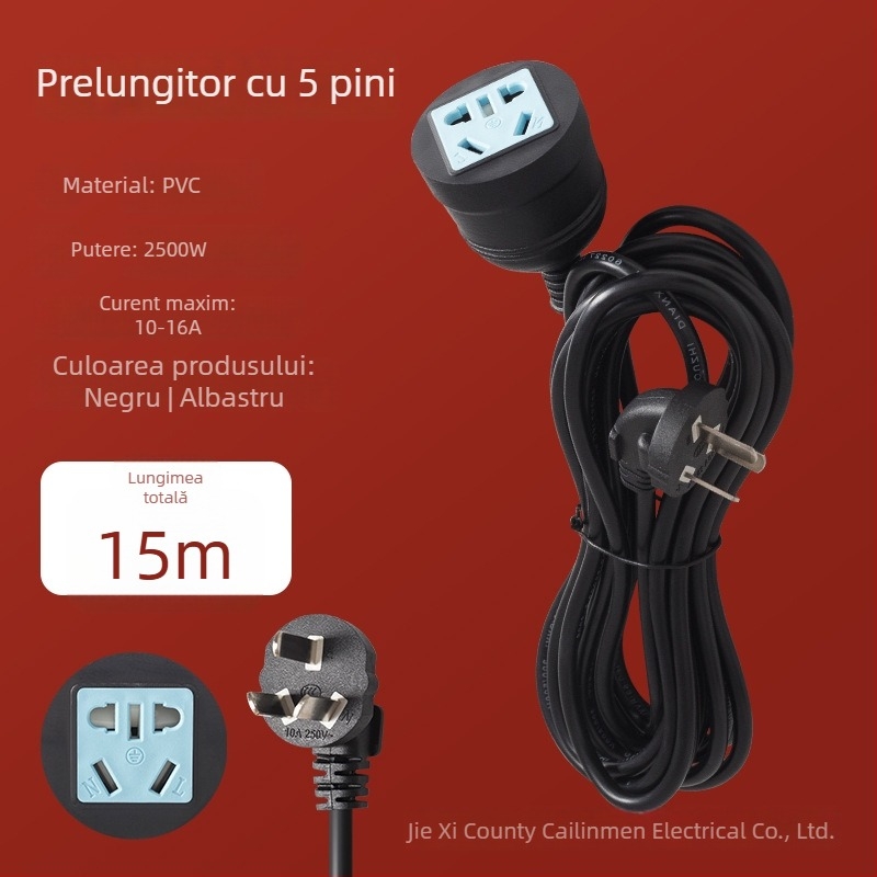 Prelungitor de înaltă putere cu trei prize și priză cu cinci găuri, cablu de conectare, 10A, 100–250V AC, 2500W, carcasă PVC