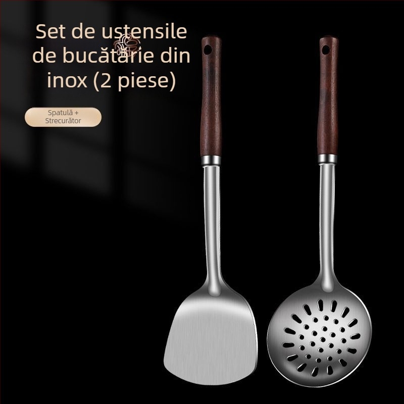 Set lingură și spatulă din oțel inoxidabil – anti-arzare, cu logo imprimat, ustensile de bucătărie