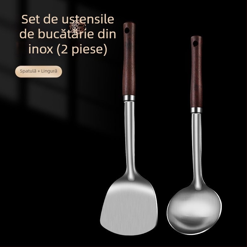 Set lingură și spatulă din oțel inoxidabil – anti-arzare, cu logo imprimat, ustensile de bucătărie