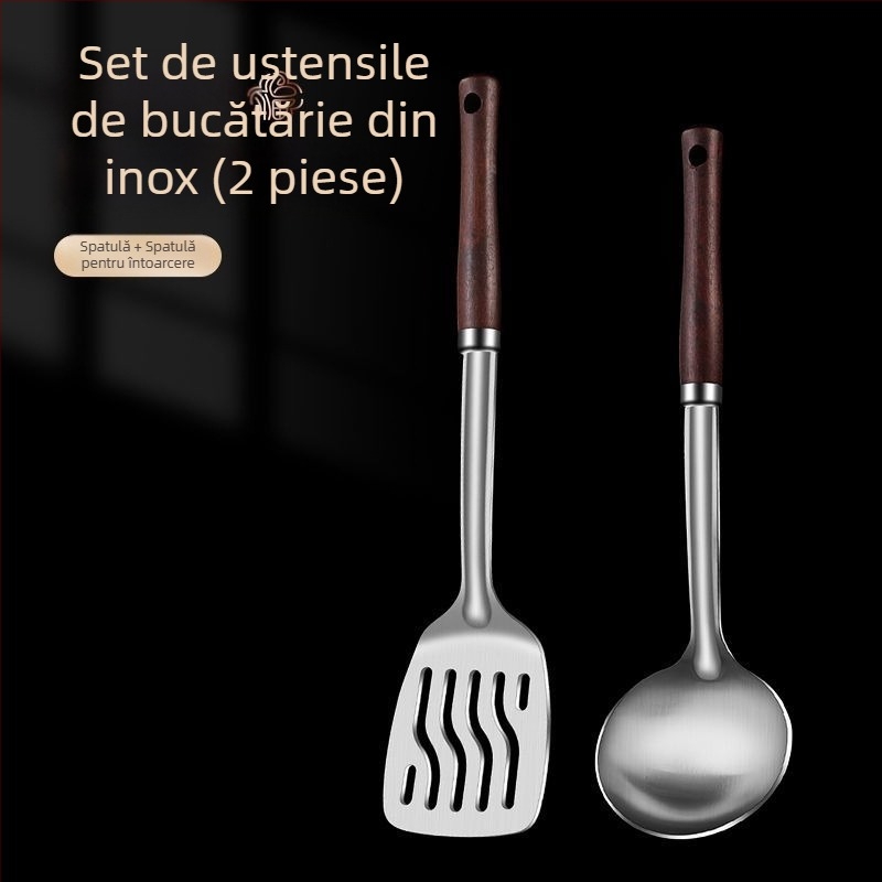 Set lingură și spatulă din oțel inoxidabil – anti-arzare, cu logo imprimat, ustensile de bucătărie
