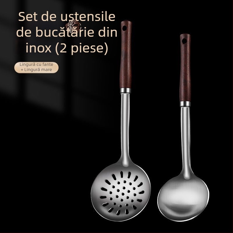 Set lingură și spatulă din oțel inoxidabil – anti-arzare, cu logo imprimat, ustensile de bucătărie