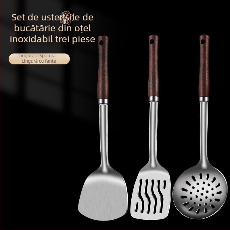 Set lingură și spatulă din oțel inoxidabil – anti-arzare, cu logo imprimat, ustensile de bucătărie