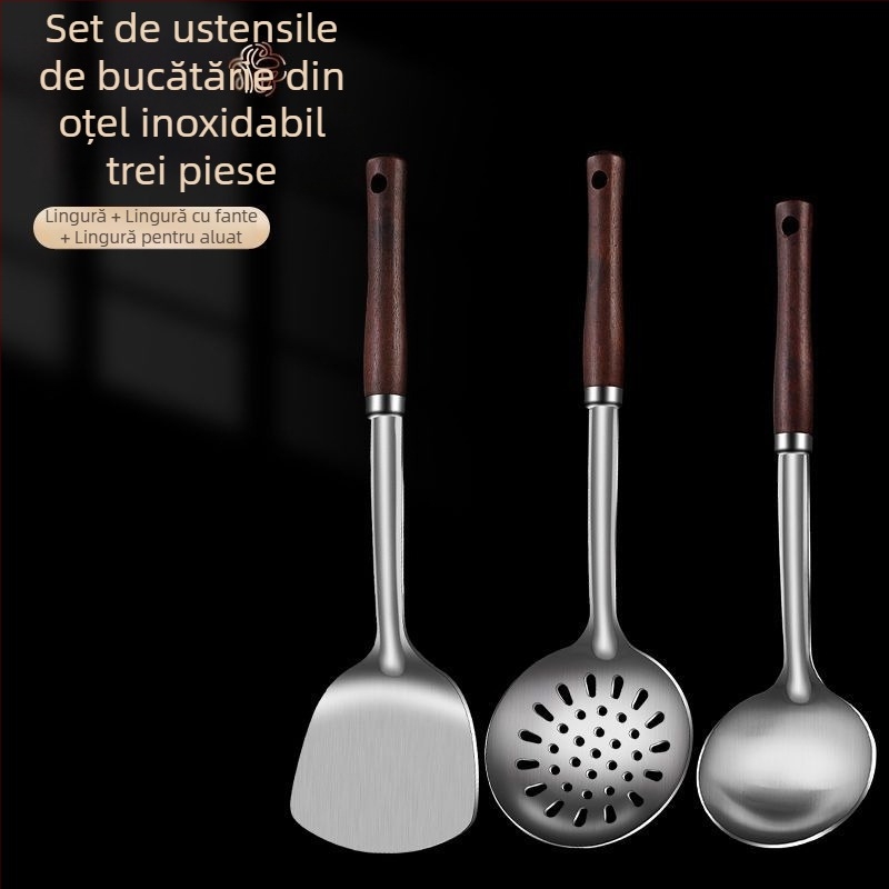 Set lingură și spatulă din oțel inoxidabil – anti-arzare, cu logo imprimat, ustensile de bucătărie