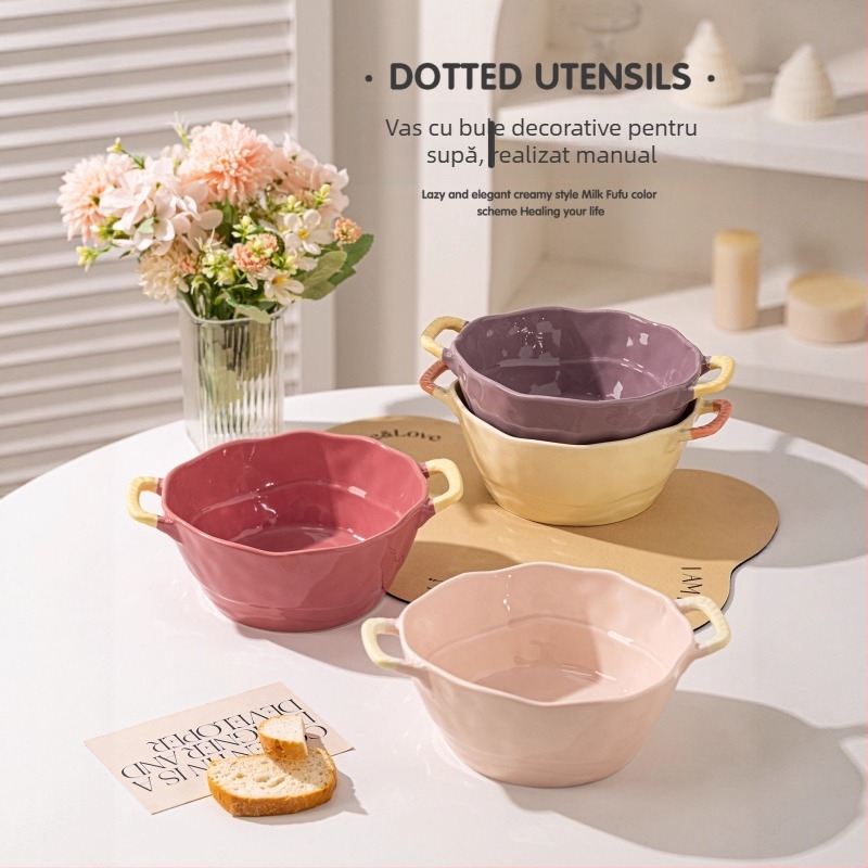 Bol ceramic cu două mânere pentru supă, tăiței, desert și salată; formă neregulată, finisaj glazurat, stil minimalist modern, potrivit pentru cuptorul cu microunde