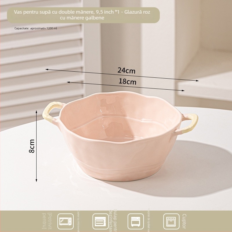Bol ceramic cu două mânere pentru supă, tăiței, desert și salată; formă neregulată, finisaj glazurat, stil minimalist modern, potrivit pentru cuptorul cu microunde