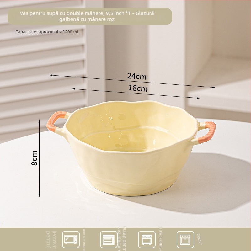 Bol ceramic cu două mânere pentru supă, tăiței, desert și salată; formă neregulată, finisaj glazurat, stil minimalist modern, potrivit pentru cuptorul cu microunde