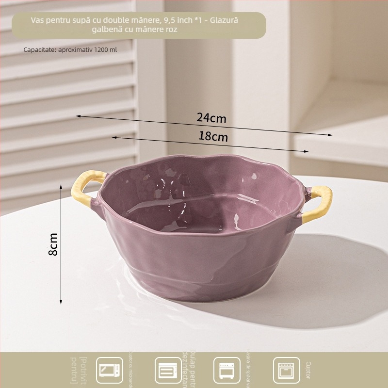 Bol ceramic cu două mânere pentru supă, tăiței, desert și salată; formă neregulată, finisaj glazurat, stil minimalist modern, potrivit pentru cuptorul cu microunde