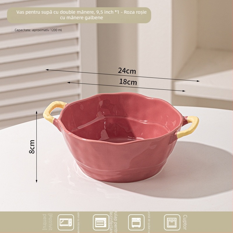 Bol ceramic cu două mânere pentru supă, tăiței, desert și salată; formă neregulată, finisaj glazurat, stil minimalist modern, potrivit pentru cuptorul cu microunde