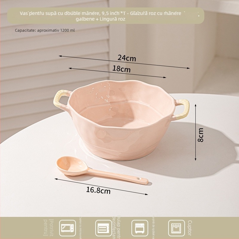 Bol ceramic cu două mânere pentru supă, tăiței, desert și salată; formă neregulată, finisaj glazurat, stil minimalist modern, potrivit pentru cuptorul cu microunde
