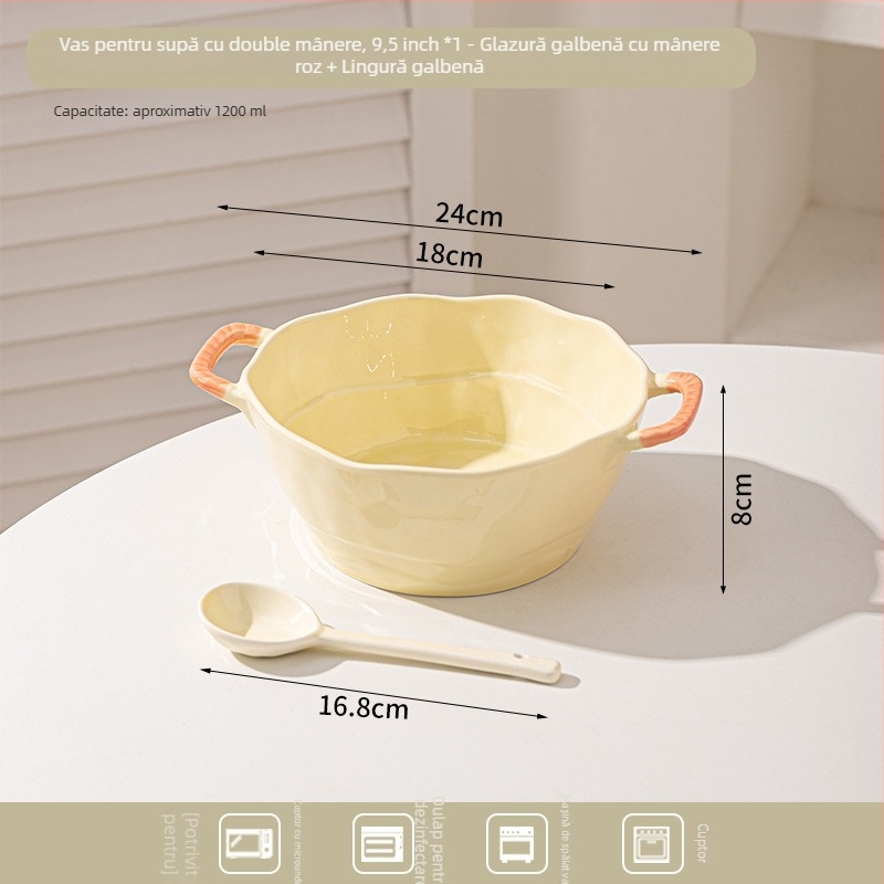 Bol ceramic cu două mânere pentru supă, tăiței, desert și salată; formă neregulată, finisaj glazurat, stil minimalist modern, potrivit pentru cuptorul cu microunde