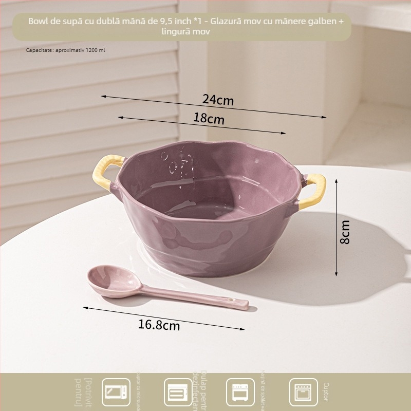 Bol ceramic cu două mânere pentru supă, tăiței, desert și salată; formă neregulată, finisaj glazurat, stil minimalist modern, potrivit pentru cuptorul cu microunde