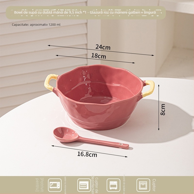 Bol ceramic cu două mânere pentru supă, tăiței, desert și salată; formă neregulată, finisaj glazurat, stil minimalist modern, potrivit pentru cuptorul cu microunde